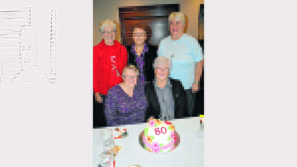 Pictured with Aileen (seated right) are Ann Bevan, and back, Helen Pearce, Val Mann and Mavis Jarrett.  It was the third 80th celebration for Aileen, who arrived in Parkes with her husband, Les almost 60 years ago. 
It was through a transfer on the railway and they’ve been here ever since. 
Photo: Roel ten Cate