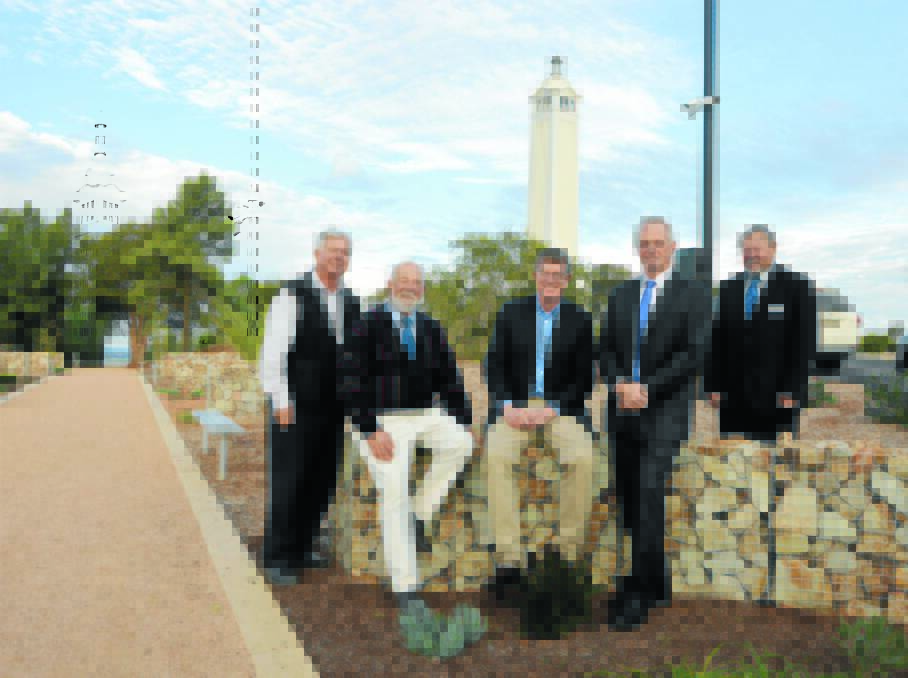 It was smiles all ‘round when State Member for Orange Andrew Gee visited Memorial Hill last week to announce further grant funding for CCTV security cameras for the iconic area. 
Pictured (left to right) Cr Bob Haddin (Parkes War Memorial Rejuvenation Committee), Mayor Ken Keith, Mr Andrew Gee, Kent Boyd (Parkes Shire Council General Manager) and Cr George Pratt (Parkes War Memorial Rejuvenation Committee).    Photo: Bill Jayet 