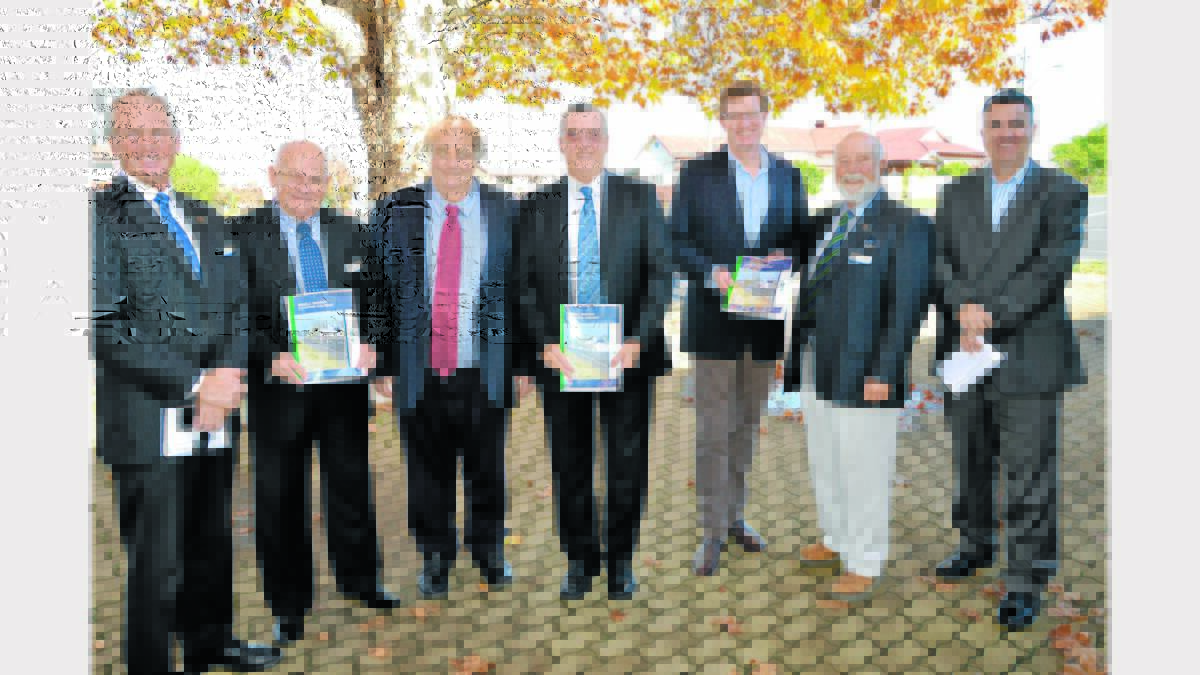 Pictured at the launch of the Newell Highway Corridor Strategy document - (left to right) Kent Boyd (Parkes Shire Council General Manager), Ray Smith (General Manager, Bland Shire Council), Jeff Stien (Bland Shire Council, Newell Highway Task Force and Promotions Committee), Phil Standen (RMS Regional Manager), Andrew Gee (MP), Mayor of Parkes, Cr Ken Keith and Ray Graham (Director Engineering Forbes Shire Council).     