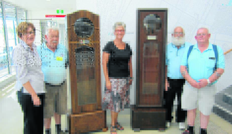 Pictured: Donna Edwards, Tim Holt, Deborah Hunter (Project Officer and Change Manager), Trevor Rowney and Ron Fewings with the grandfather clocks restored by members of the Parkes Men’s Shed.  