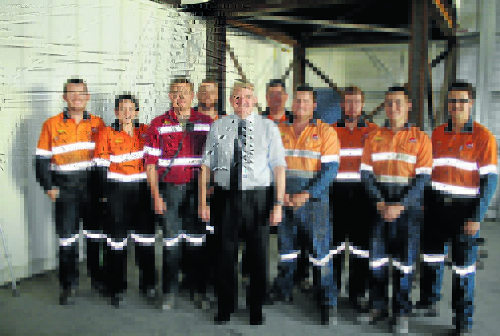 Ian Macfarlane, Federal Minister for Industry, with apprentices at Northparkes Mines last week - Karl Oliver, Kelsie Thompson, Jade Walker, Tim Somers, Minister Macfarlane, Andrew McInnes, Sam Denison, Michael Bayley, Thomas Smith and Reece Hartsuyker.