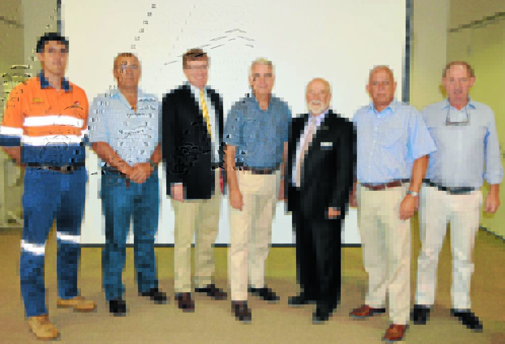 Pictured prior to the Regional Intermodal Taskforce meeting in Parkes - left to right - Kent Chamberlain (Northparkes Mines), Jock Laurie, local State Member for Orange Andrew Gee, Ken Gillespie (Chair), Parkes Mayor Ken Keith,  John Turner and Don Murray.   Photo: Bill Jayet   