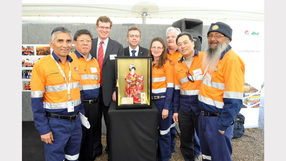 PICTURED with the Japanese doll are from left -  Kalidas Madhavpeddi (CMOC), Hitoshi Ito (Sumitomo Mining Metal Oceania), Orange MP, Andrew Gee, Minister for Resources and Energy, Anthony Roberts, Stef Loader, Ralph Smith (Northparkes Wiradjuri Executive Committee), Simon Sumiya (Sumitomo Corporation), and Rob Clegg (Northparkes Wiradjuri Executive Committee).