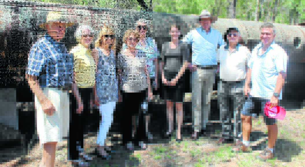 Member for Orange, Andrew Gee visited the Peak Hill Gold Mine and met with Committee members who are looking to increase tourism at the mine. From left - Brian Byrne (Peak Hill Community Consultitive Committee), Jill Byrne (Peak Hill CCC), Betty Zdan (President, Peak Hill Business & Tourism Association), Bev Elliott (Peak Hill CCC), Debbie Patterson (Peak Hill CCC), Ellie O'Donoghue (Shire Grants Officer), Andrew Gee, Dick Baxter and John van der Reyden (John runs volunteer tourist walks) in front of 1890 Lancashire Boiler at OCE entrance. 