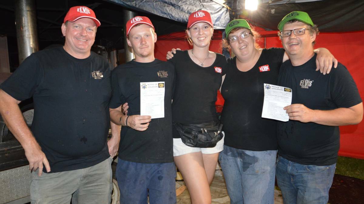 Neville Brookes of Mackay, Sam Waitley (Sussex, England) and Jodie Griggs (Kent, England) who are both backpackers, Natalie Allen and Jeffery Arnett, both of Dubbo were "fined" $5 for having the best pizza at the Parkes Elvis Festival.