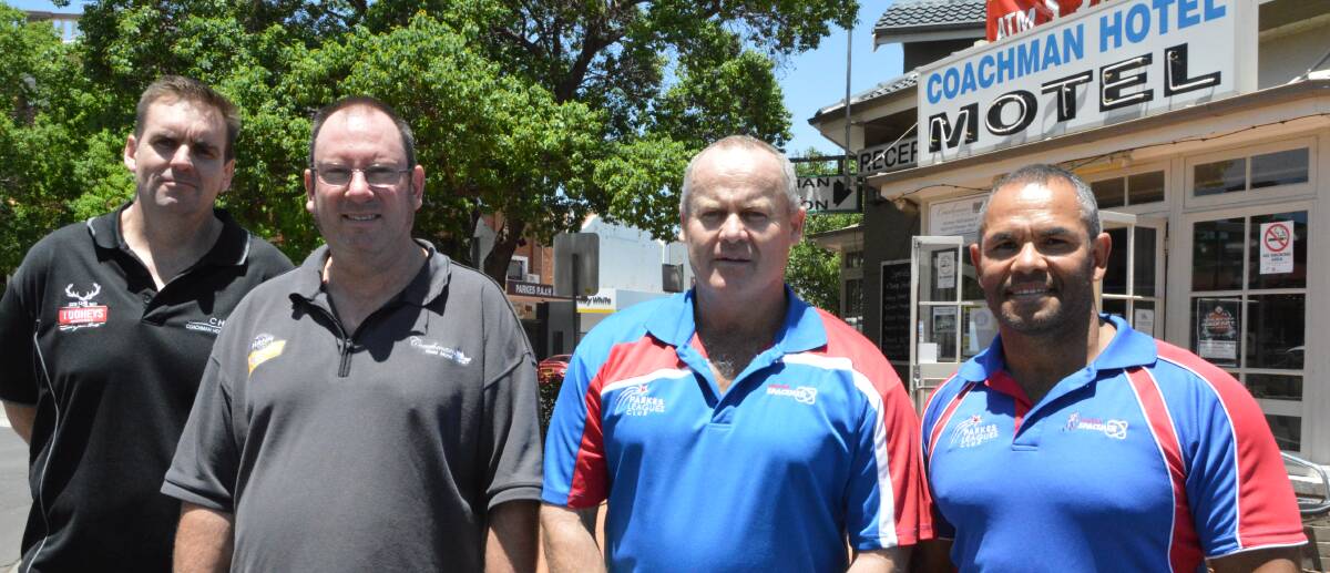 ON BOARD: Parkes Spacemen president Andrew Porter and first grade captain-coach Dennis Moran (both right) thank Coachman Hotel Motel owner Nelson Kelly (left) and manager Mark Wilkins for their support.