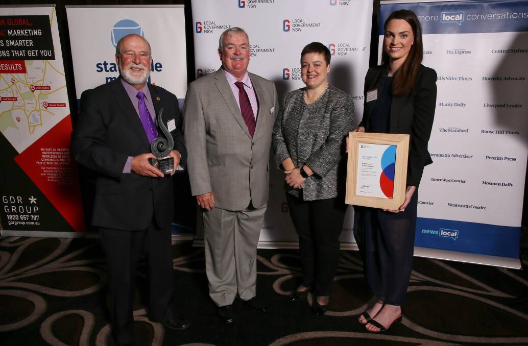 Parkes Mayor Ken Keith OAM, LGNSW President Keith Rhoades AFSM, LGNSW Chief Executive Donna Rygate and Parkes Shire Council's communications officer Emily Brotherton at the awards.