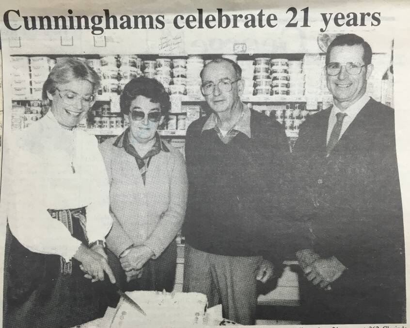 Longstanding customers of Cunningham's Supermarket were Jack and Phyllis Scoble (centre) and Vanessa Arndell, who cut the cake at the business' 21st birthday celebrations in 1988. Also pictured to the right is Brian Cunningham.