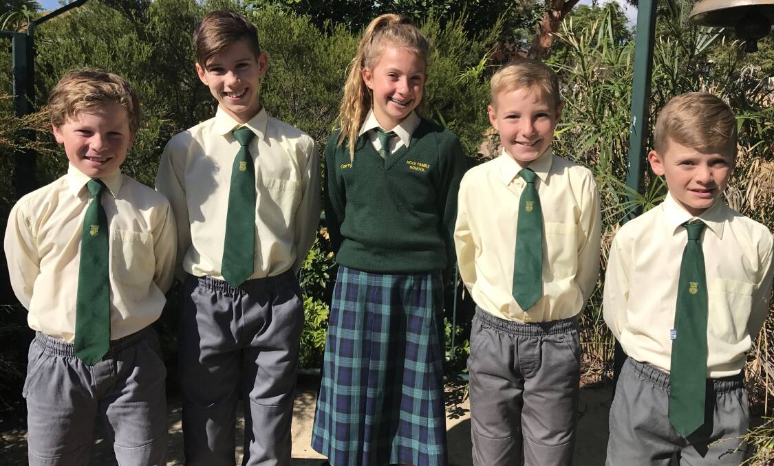 Holy Family Primary School students Tommy Searl, Quinn Hennock, Chloe Carty, Toby Collins and Jack Skinner are busy preparing for NSW PSSA carnivals.