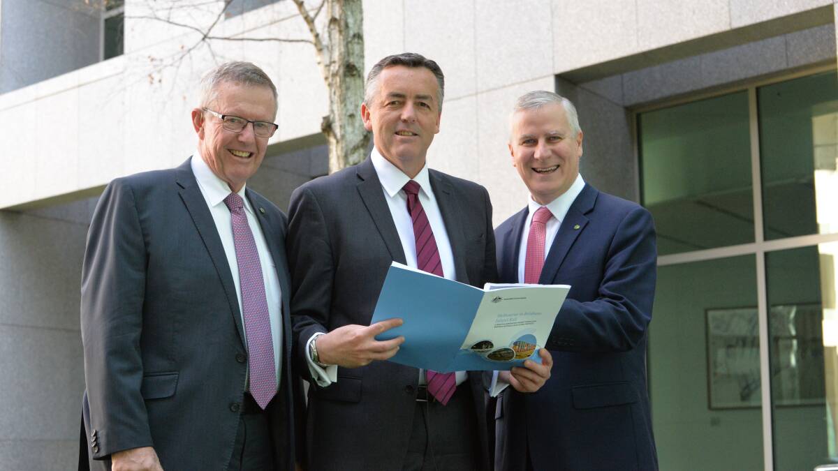 Federal Member for Riverina Michael McCormack (right) discusses the opening of Inland Rail tenders with  Minister for Infrastructure and Transport Darren Chester (centre), and Federal Member for Parkes Mark Coulton.
