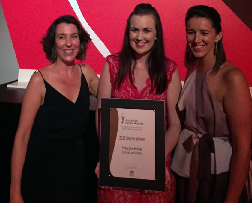 Former Parkes Elvis Festival director Emily Mann, Parkes Elvis Festival sponsorships and marketing coordinator Beth Walker, and Parkes Shire Council's brand and marketing manager Katrina Dwyer at the 2016 QANTAS Australian Tourism Awards in Darwin.