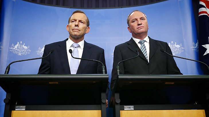 ''Akin to a natural disaster'': Prime Minister Tony Abbott and Agriculture Minister Barnaby Joyce announcing the drought package on Wednesday. Photo: Alex Ellinghausen