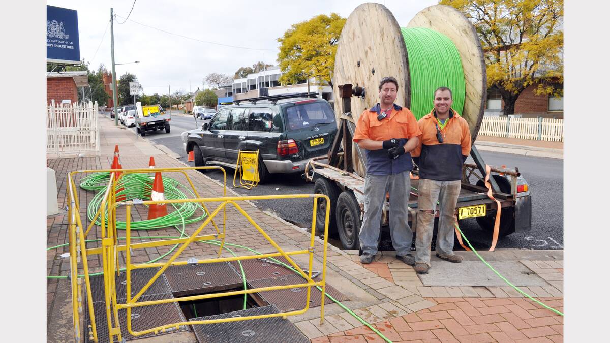 PFC Construction employees Grant Hughes and Thomas Maher were in town last week to lay 2.6km of NBN Cable. Photo:  Barbara Reeves