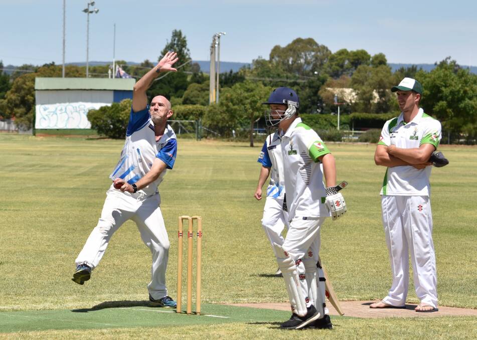 Rolling with Bowling: Tim Allen bowls for the Railway Pit Bulls, Reedy Creek Gold Batsman Sam Nixon and the umpire Sam Carty.