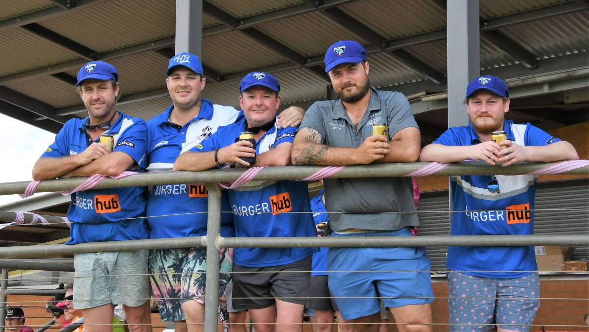 SUPPORTERS:  Members of the Honey Badgers team were on site early to support the Womens T20 match on Pink Stumps Day - Aaron Thorne, Nathan Gaidzionis, Matt Flynn, Ben McGirr and Cody Hando. Photo: Jenny Kingham