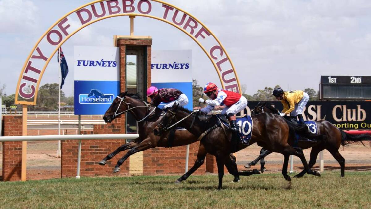 DOUBLE: Ashley Morgan rides the first of his two winners for trainer Brett Thompson, Clever Missile, to victory at the Dubbo Turf Club. Photo: AMY McINTYRE