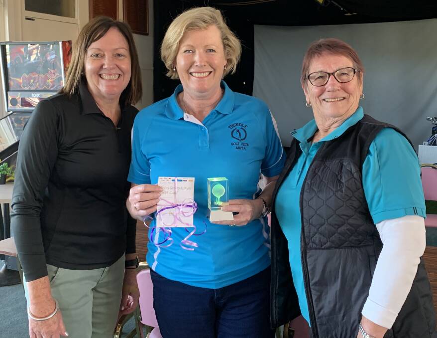 LADIES GOLF: Sponsors Leone Stevenson and Colleen Flynn with Anita Medcalf, short course champion. Photo: Submitted