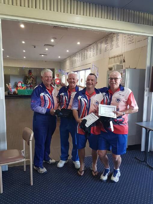 Railway Bowlers: Winners 2019 triples Marty Fitzpatrick Mick Furney and Flippy Fliedner presented by Terry Hetherington.