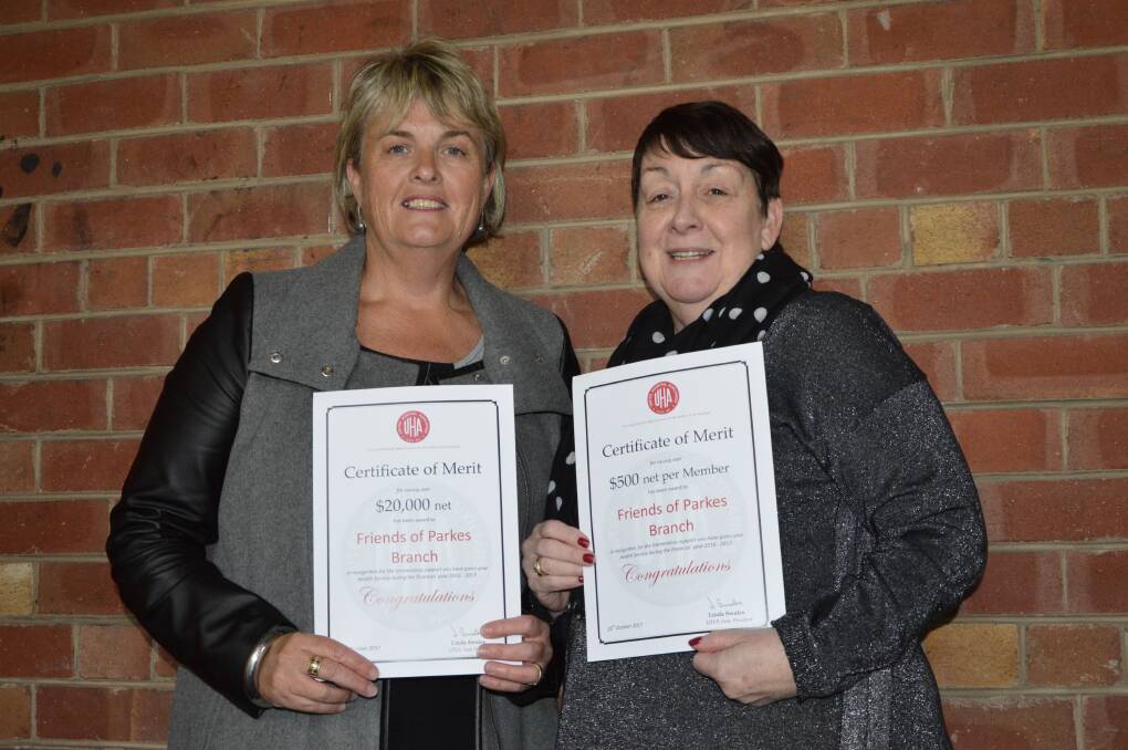 Friends of the Hospital Auxiliary members Donna Payne and Kim Horan with the Certificates of Merit, given for the group's fundraising efforts.