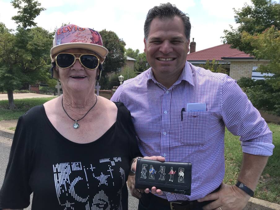 ALL SHOOK UP: Phil meets with an local spirited Elvis fan. Phil is a huge fan of the Parkes Elvis Festival and will be part of the official opening on Saturday. Photo: Supplied.