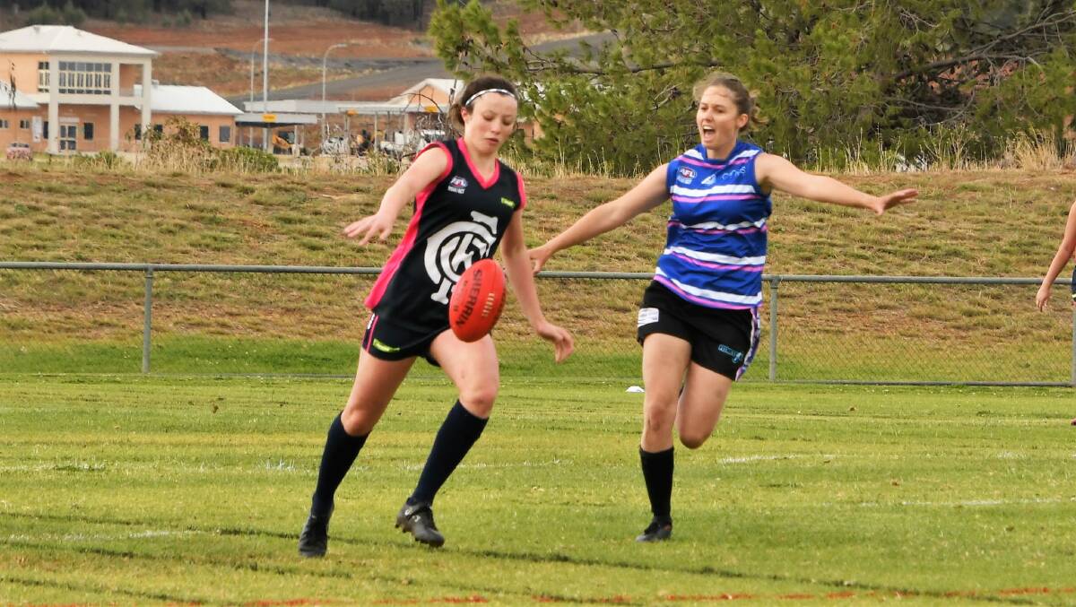 Pantherette Cassandra Kelly chases the ball in a match against Cowra last month. Photo by Jenny Kingham. 