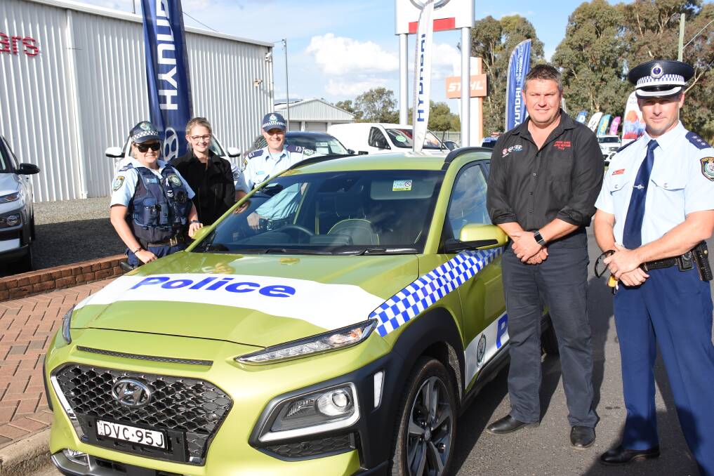 Senior Constable Tracey Bolam, Hannah Plunkett from Frank Spice Hyundai, Senior Constable Daniel Greef, Troy Hurford - principal at Frank Spice Hyundai, Inspector Shane Jessep, officer in charge of Forbes, Condobolin and Lake Cargelligo. 