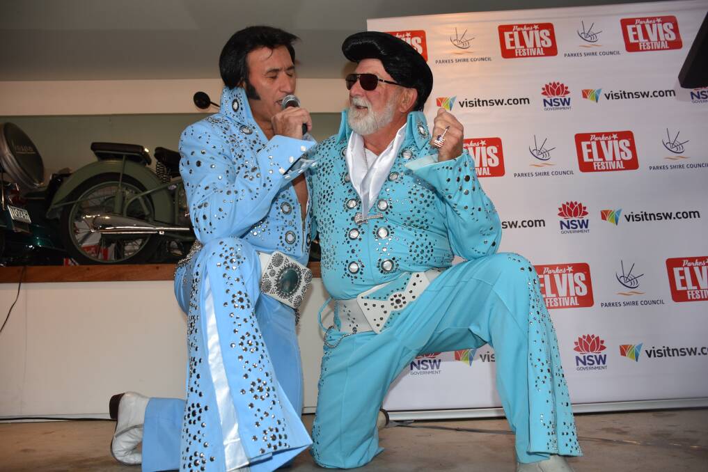 Parkes Mayor Ken Keith takes to the stage with Elvis Tribute Artist Paul Fenech at the launch of the 2020 Parkes Elvis Festival.