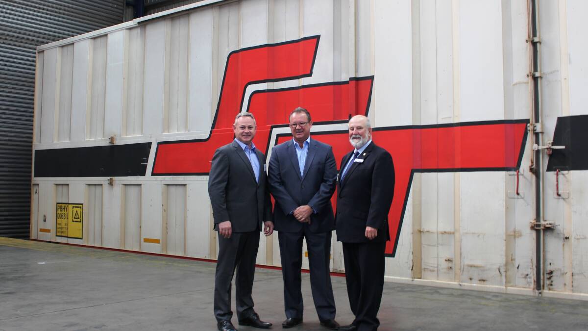 DP World Australia's Chief Operating Officer logistics Mark Hulme, SCT Group's Managing Director Geoff Smith and Parkes Shire Mayor Cr Ken Keith OAM.  