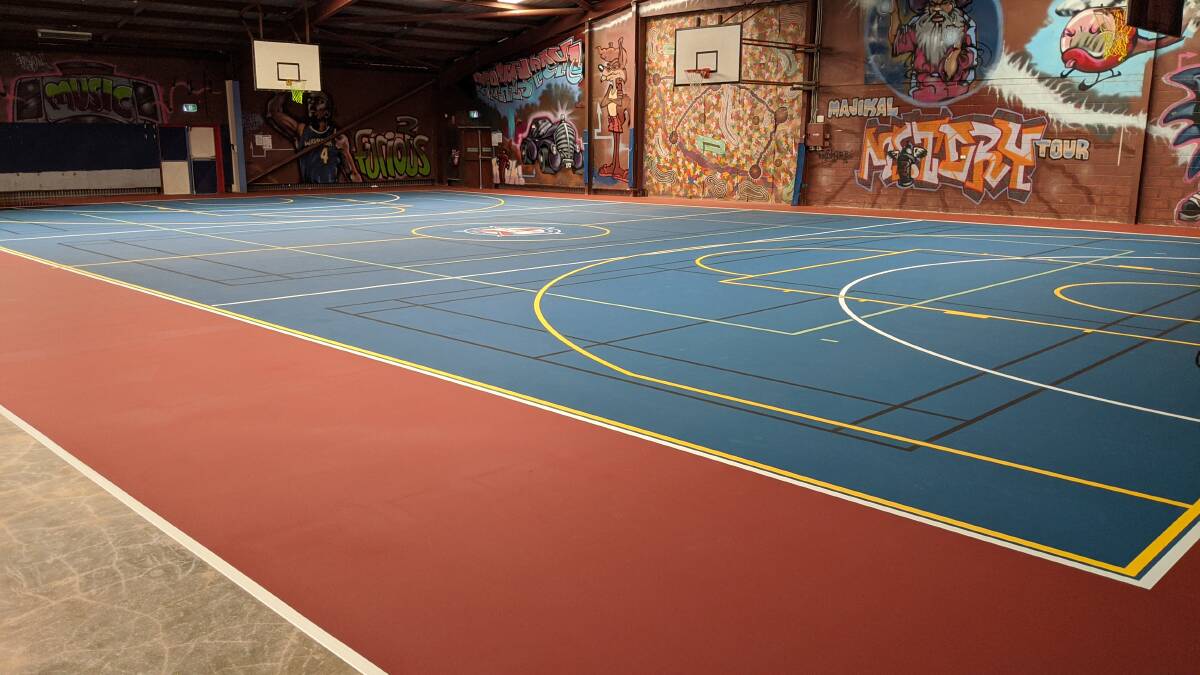 Brand new synthetic basketball court: It looks amazing. Within the next month the painting, netting, lights and seats will be installed.