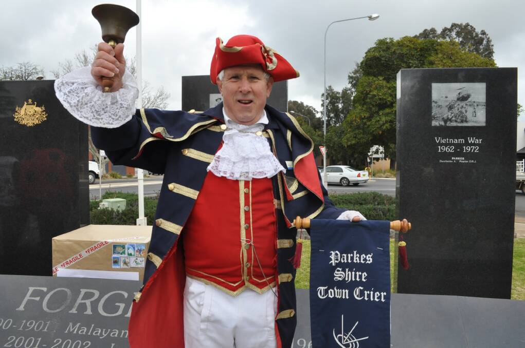 Parkes Shire Town Crier, Tim Keith, delivered his 250th cry at the Reading Day ceremony in Cooke Park. Today he is competing in the Annual National Town Crier Championships in West Wyalong.   