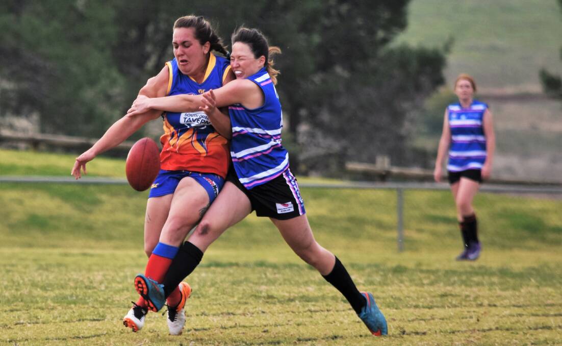 Lauren Andrews tackles a player in a previous match against Dubbo. The girls take on Dubbo in a must-win clash this weekend. Photo by Jenny Kingham.  