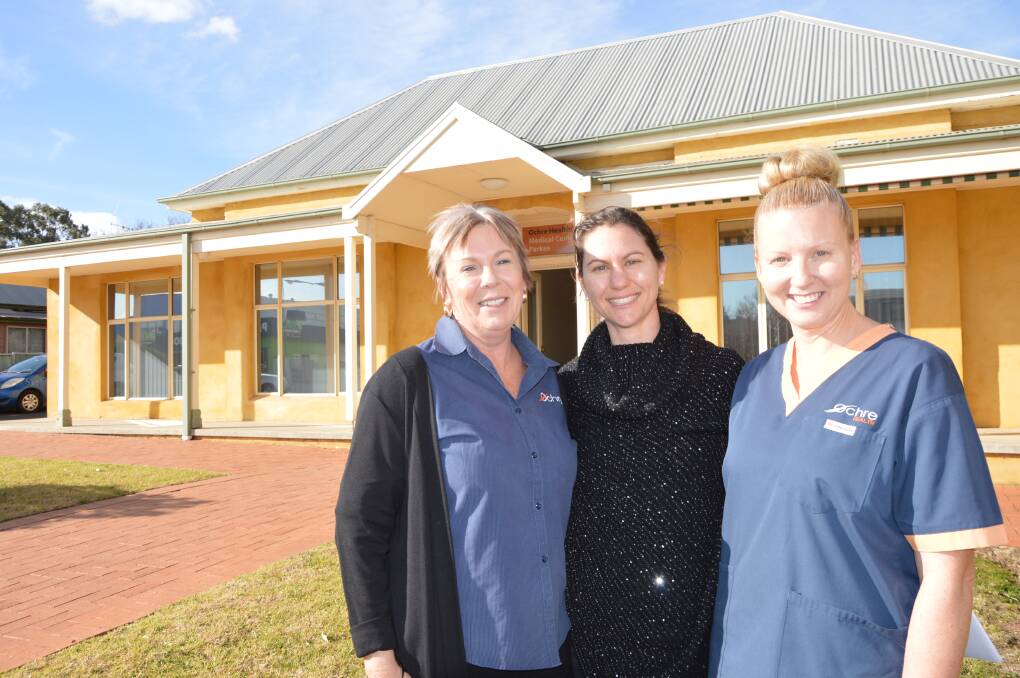 WINDFALL: Practice Manager Cheryl McConnell, Dr Kerrie Stewart and nurse Caroline Kennedy were thrilled to hear Ochre Health Medical Centre in Parkes will be receiving $80,000 in Federal Government funding. Photo by Barbara Watt. 