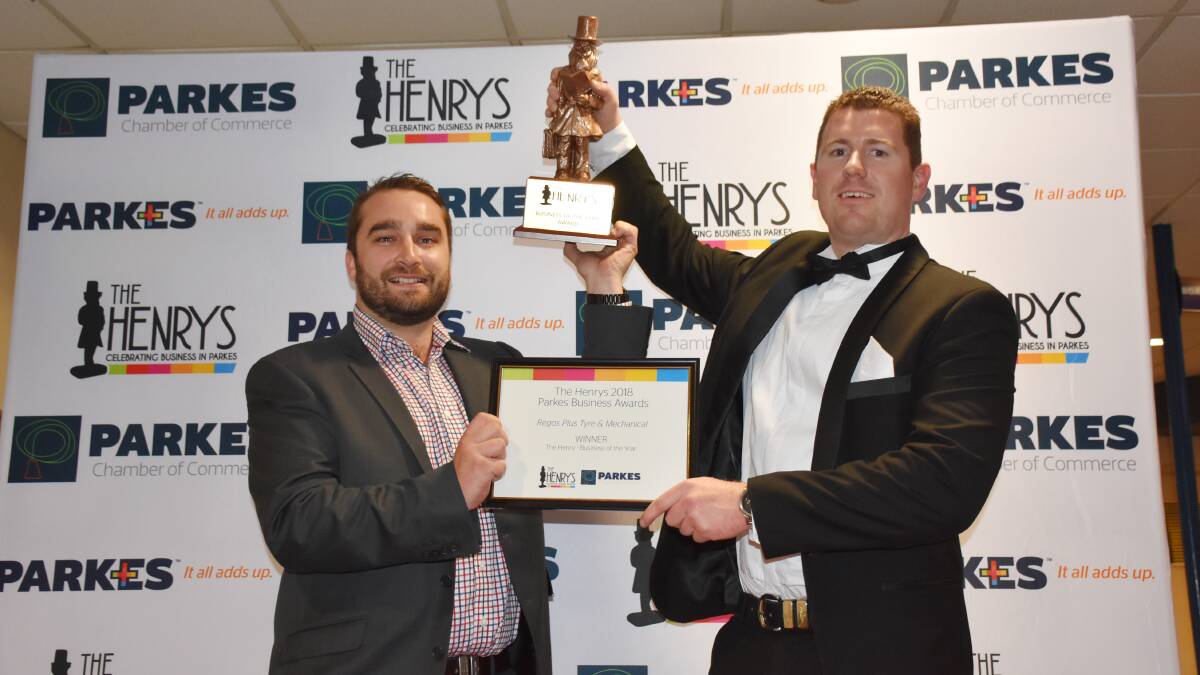 TOP GONG: Last year The Henry - Parkes Shire Business of the Year went to Regos Plus Tyre & Mechanical. Pictured are Tyler Warren and Pat Lenehan.