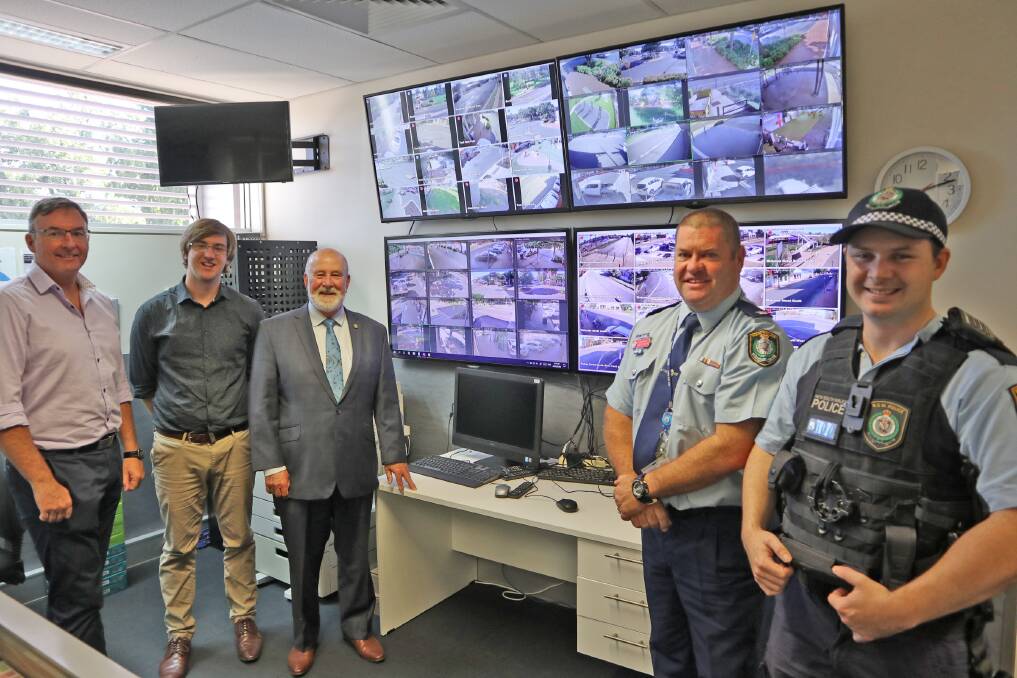 BIG BROTHER: PSC Chief Operating Officer Anthony McGrath, PSC Network & Systems Engineer Mitch Miles, Parkes Shire Mayor Cr Ken Keith OAM, Chief Inspector David Cooper, and Probationary Constable Michael Whiting. Photo: Supplied.