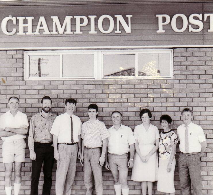 Former Parkes Champion Post staff, from left - Max Palmer, Denis McPherson, Bill Jayet, Jeremy Flynn, Ray Walker, Kath Pollock, Brenda Davis and Roel ten Cate. This photo was taken in the mid to late 1980s. 