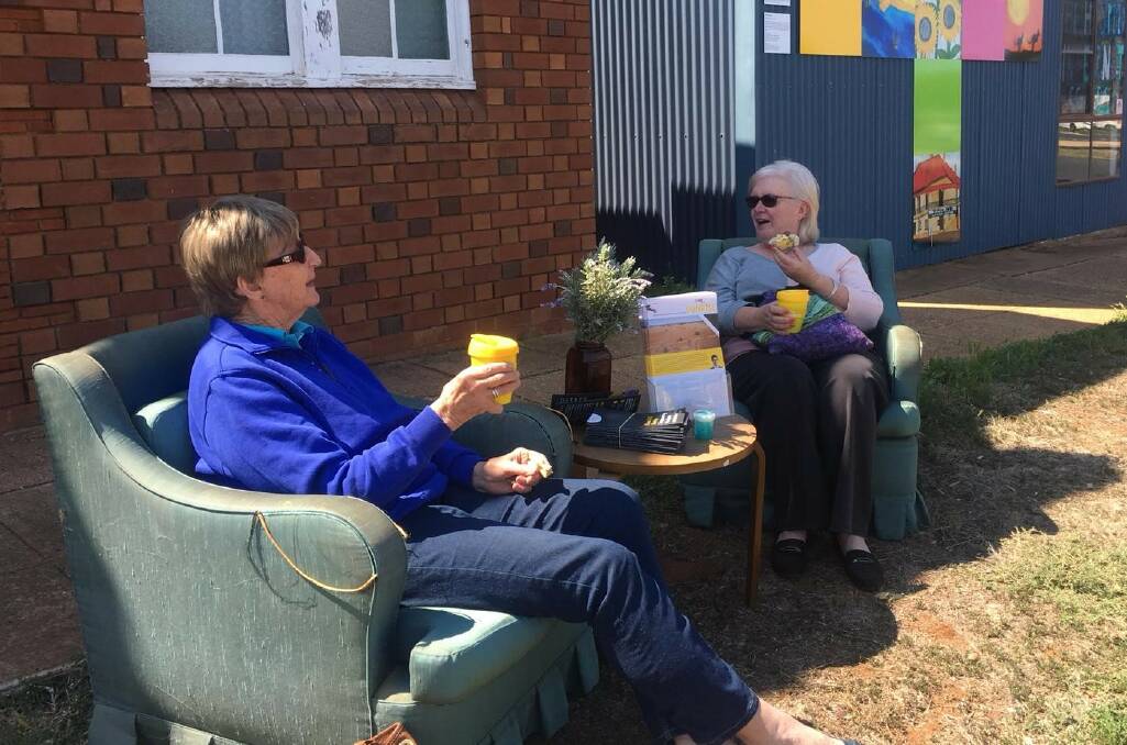 Trundle residents enjoying a latte at the Clean TeQ Community Coffee Cart last week. 