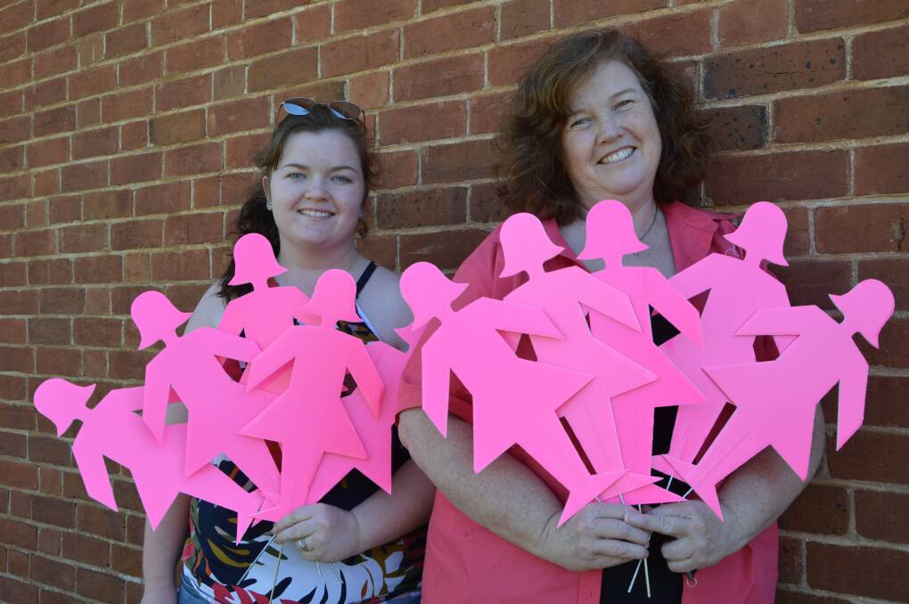 TRIBUTES: Tarlia O'Brien and Dianne Green with some of the pink lady silhouettes for the Mini Field of Women event this Sunday at the Lions Park. Photo: Barbara Watt.