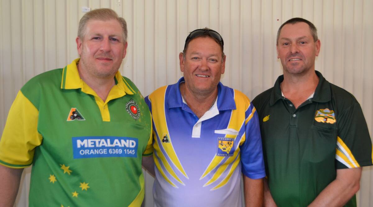 RAILWAY BOWLS: Winners of the Annual Champagne Triples, from left - T. Bennett (Manildra), S. May (Orange) and T. Thorpe (Condobolin).  