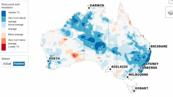 PROFILE FULL: Soil moisture levels are near full through much of NSW after flooding rain over the past week. Source: BOM.