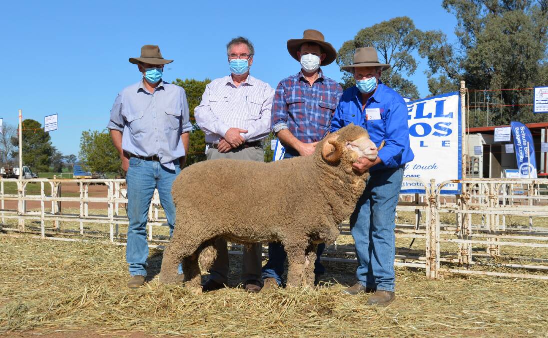 BIG SALE: John Macarthur, Peter Morley, from Boomey Park in Molong with his property manager, Gus Shannon, and vendor Russell Jones from Darriwell Merinos in Trundle with the $20,000 sale topper. Photo: SUPPPLIED.