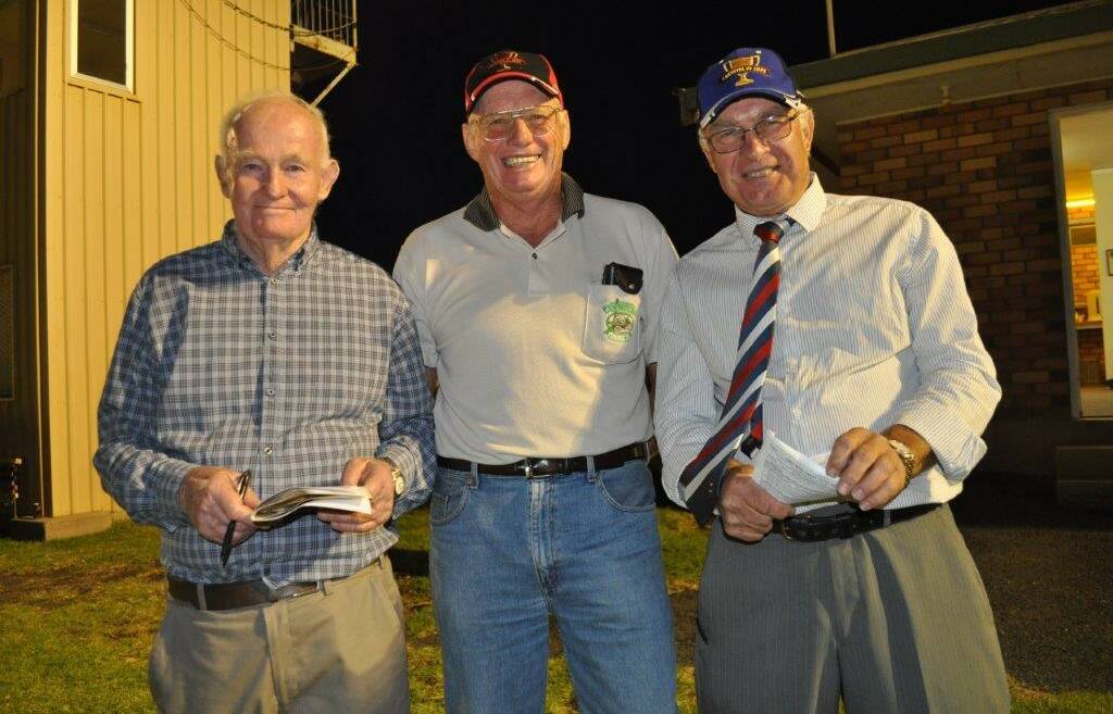 STALWARTS: Bill Palmer with Peak Hill president Wayne Rosser and Dubbo board member Chris Edwards. Photo: Supplied.