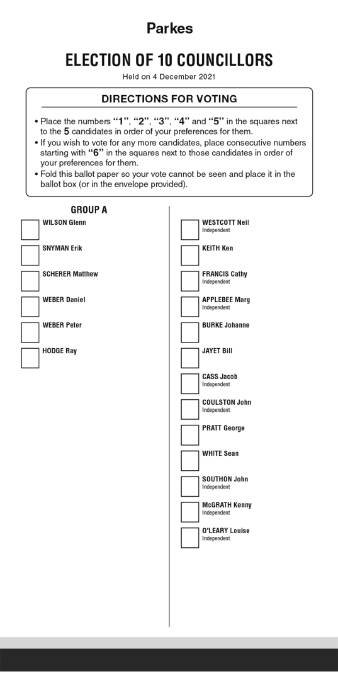 The ballot paper for the 2021 Parkes Shire local government elections.
