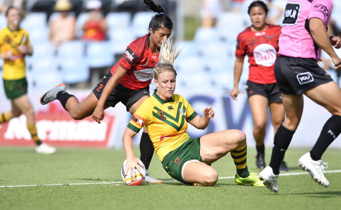 TRY TIME: Parkes product Talesha Quinn crosses for the Jillaroos in their Women's Rugby League World Cup semi-final win over Canada. Photo: NRL PHOTOS