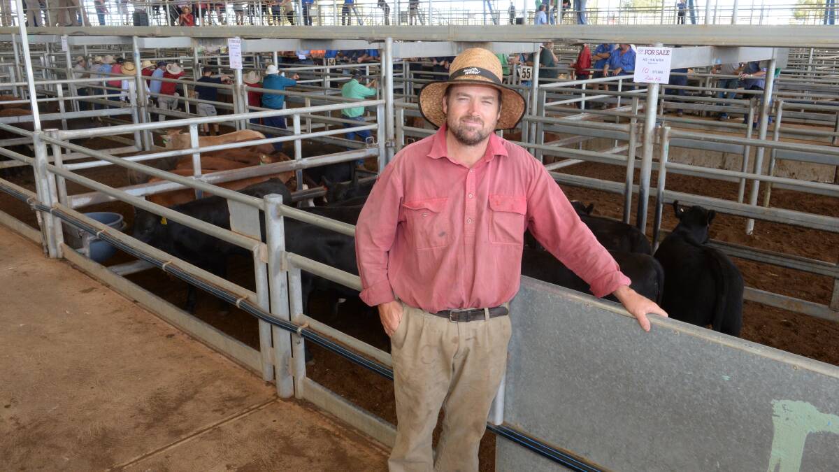 Ben Rix, Silent Dale, Bogan Gate, with his pen of 10 Angus steers weighing an average $266kgwhich sold at $1685 making 633c/kg. He and wife, Wendy, had to destock some leased land which forced the sale. Their 10 heifers sold at $1260 a head.