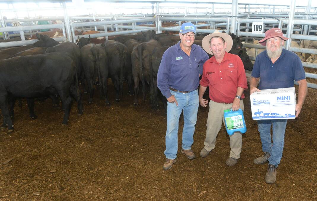 Best presented pen of cows with calves were awarded Beechport Liquid Mineral packs. Pictured is David Amor of Beechport and auctioneer Tim Mackay, Forbes Livestock and Agency with breeder Dick Hawken, Thurlstone, Cookamidgera. The 14 cow/calf units - Noonee blood Angus/Santa Gertrudis cross cows 4-7 years, with Charolais calves made $3140.