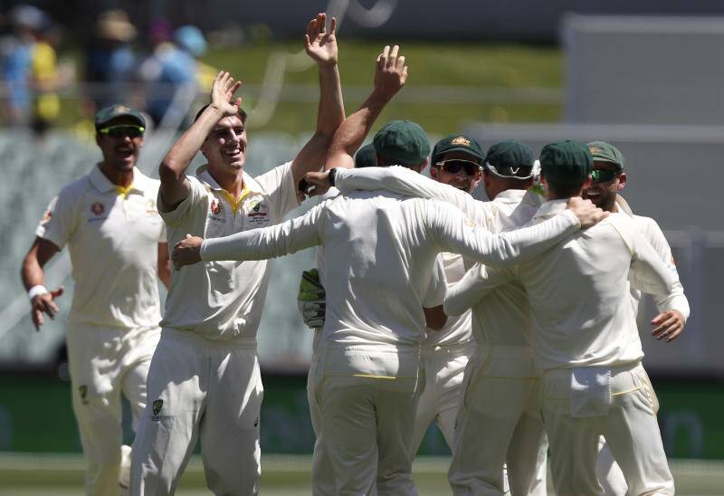 Australia's Pat Cummins, second left, celebrates with teammates after taking the wicket of India's Virat Kohli. Photo: AP