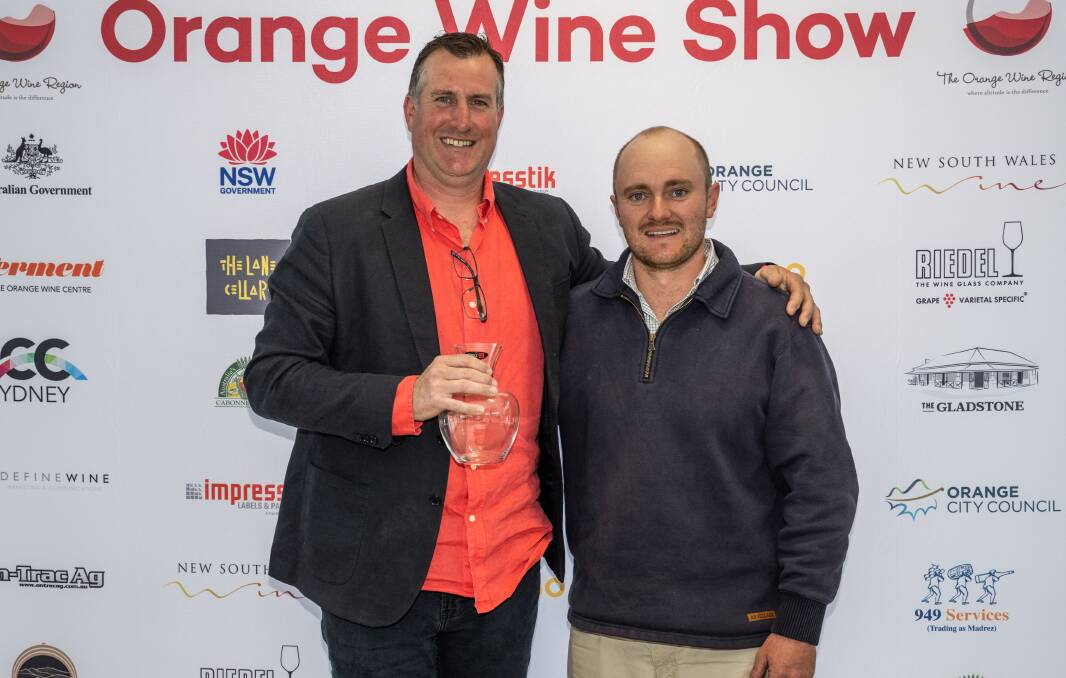 Byrne Farm owner Jeff Byrne with Brendan Jarrett from See Saw, whose Balmoral Vineyard was used to grow the fruit for the Byrne Farm 2021 chardonnay. Picture supplied. 