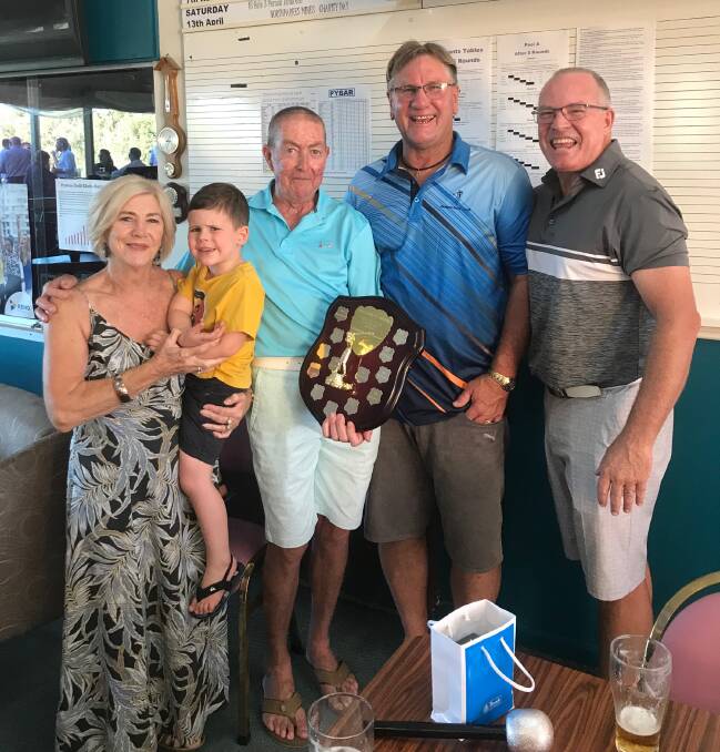 Kim Sheridan and Hart, Vince Kelly and David Stevenson, congratulate Mick Dellaca (second right) on winning the Terry Sheridan Memorial trophy/. 
