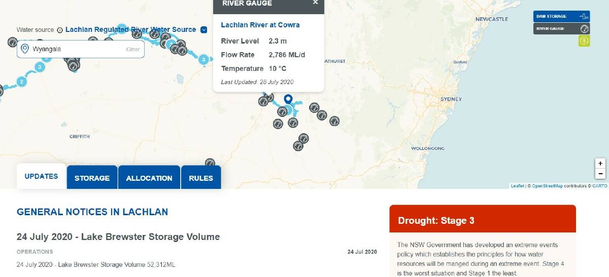 A screenshot of Water NSW's new portal focusing on the Lachlan River and Cowra.