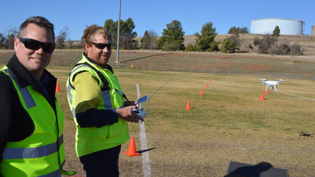 Tristan Steventon of Drone Technology with Parkes Shire Council employee Brendan Roffe at last week's drone training.